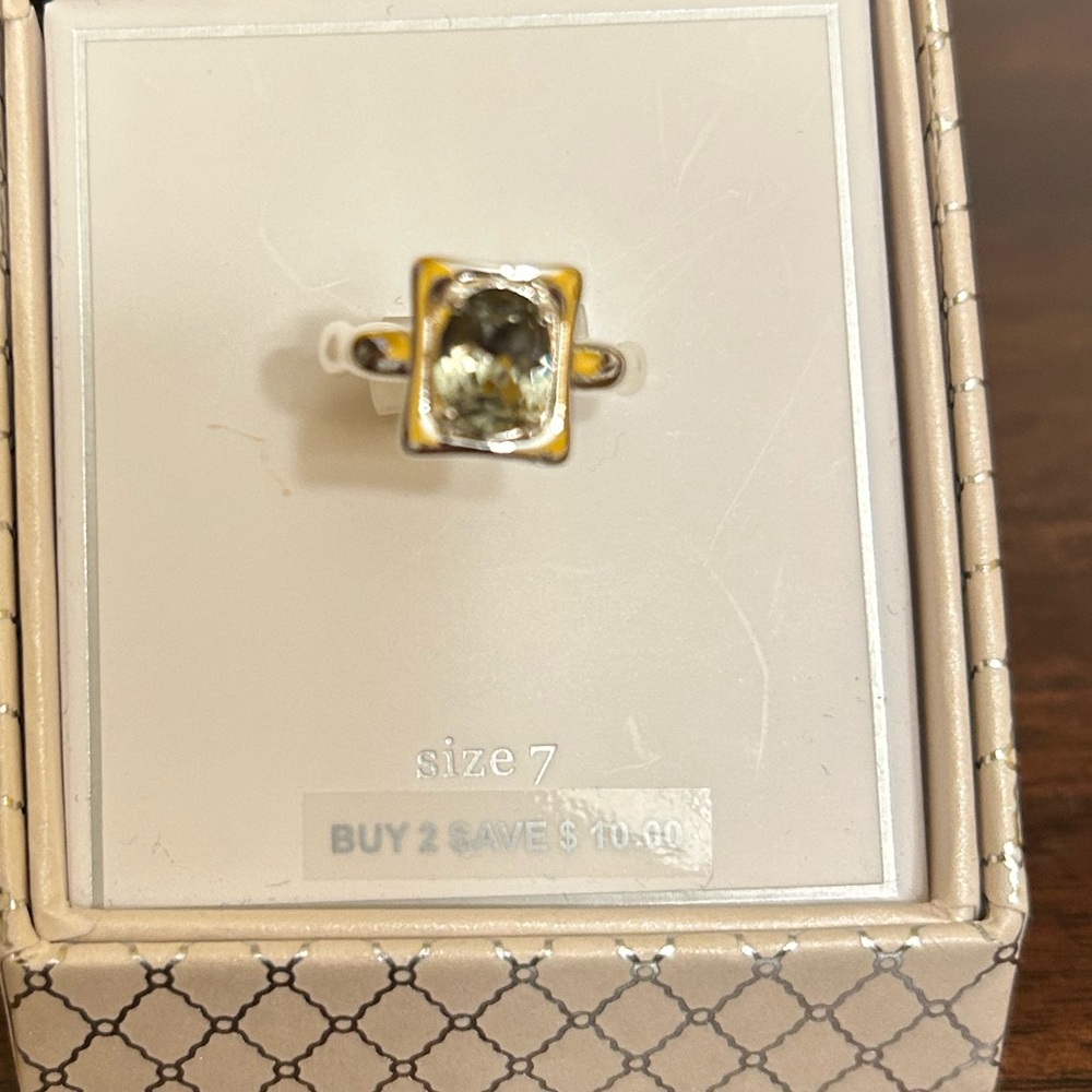 Dillard’s Size 7 Silver Ring with Rectangle Setting and Oval Greenish CZ New